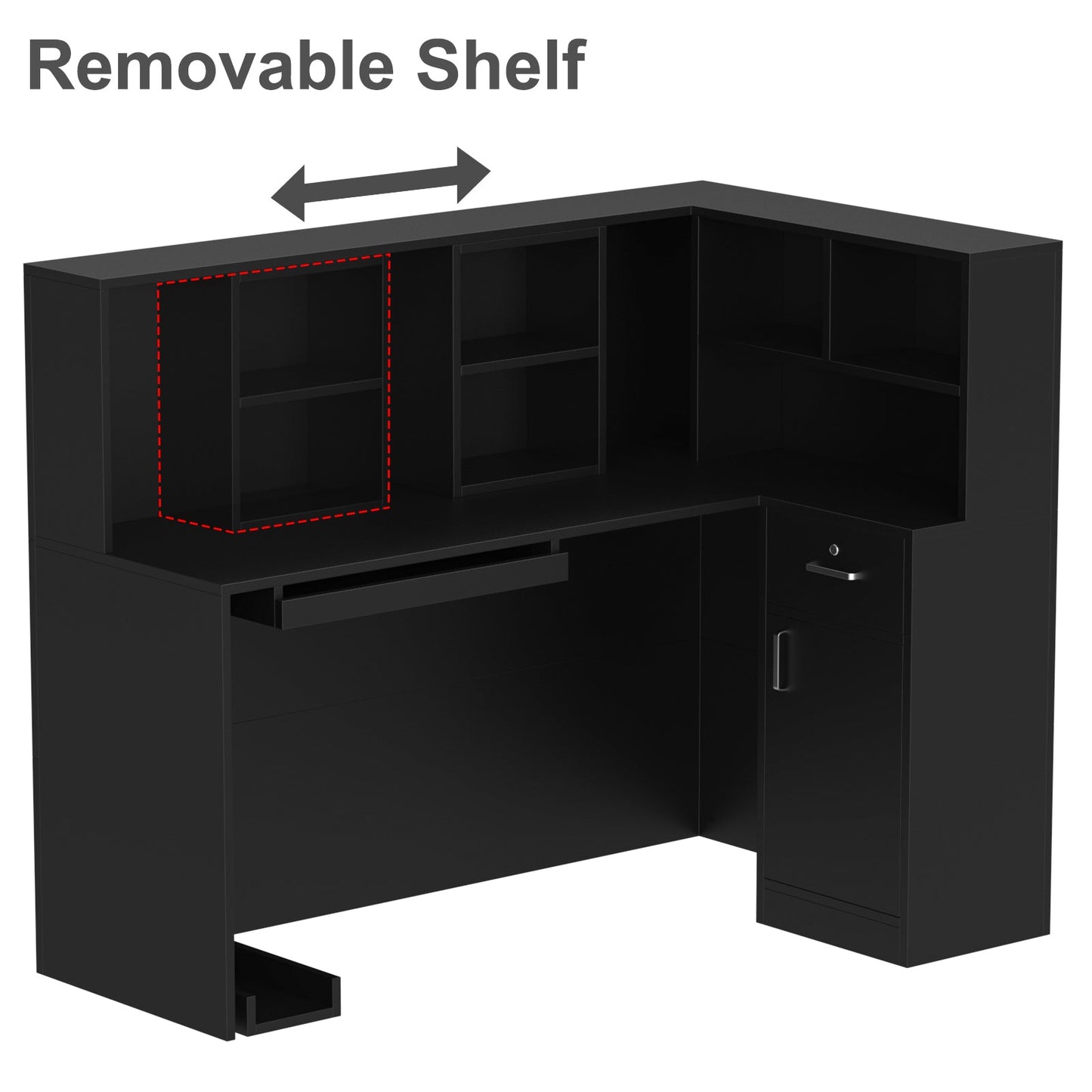 Bureau d'accueil en forme de L avec grands classeurs de rangement 
