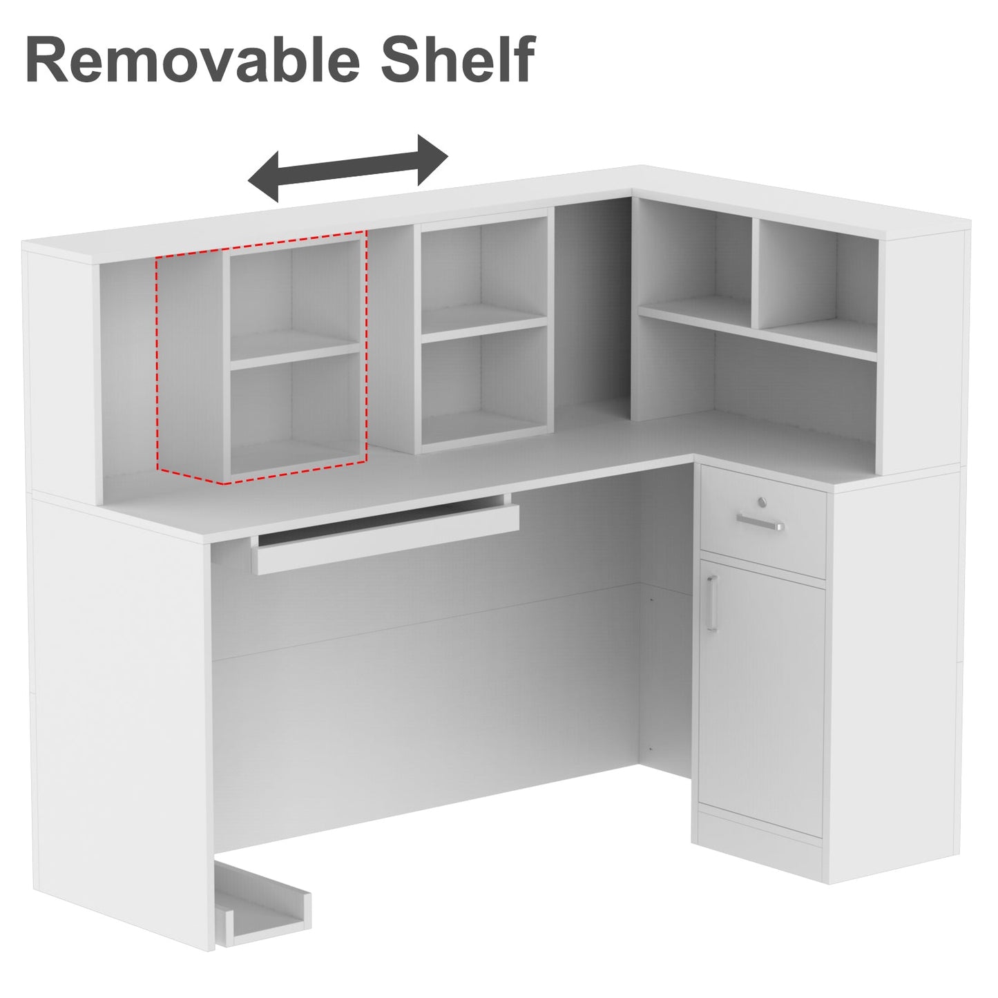 Bureau d'accueil en forme de L avec grands classeurs de rangement 