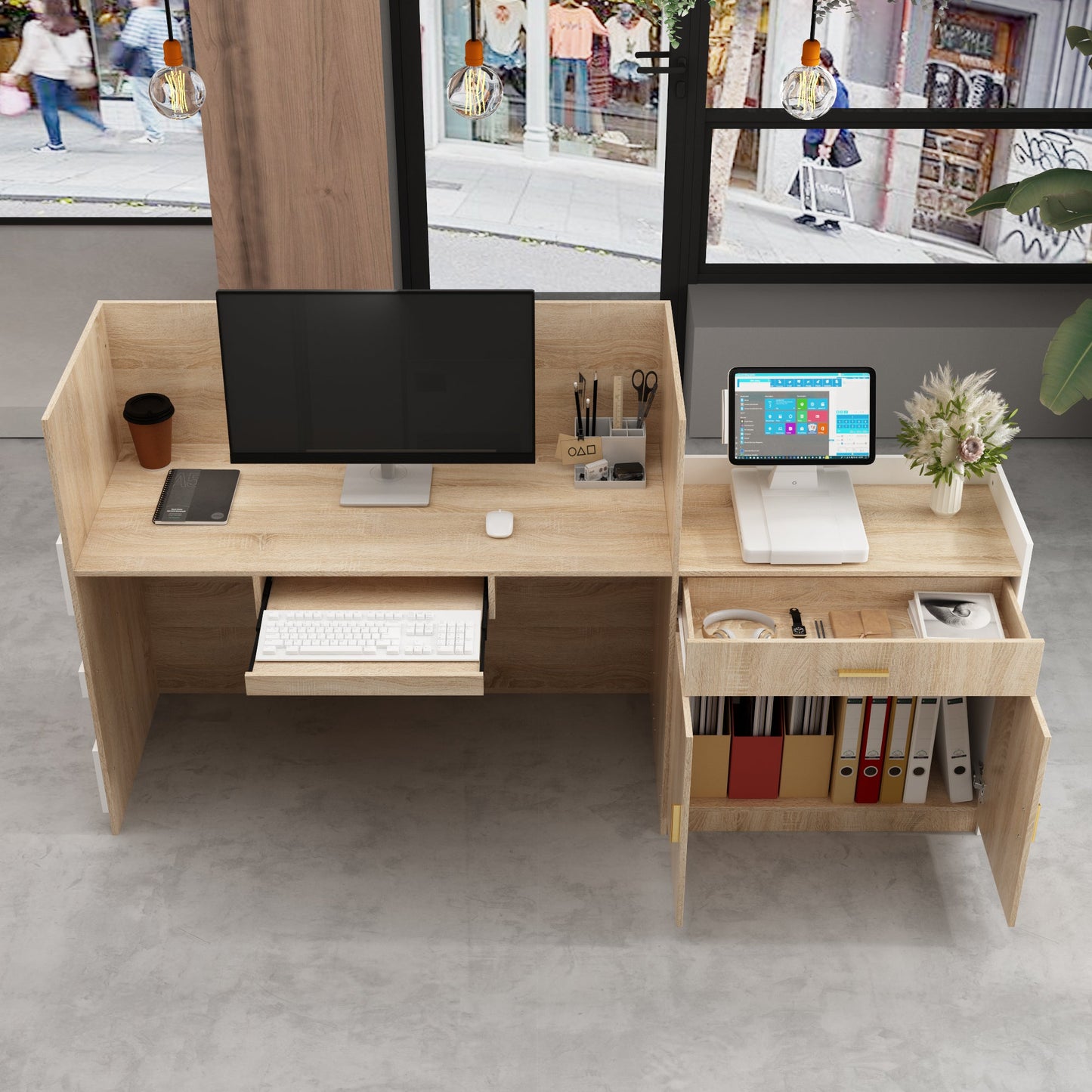 Bureau d'accueil rectangulaire de 87,2 po de largeur avec tiroir et plateau pour clavier