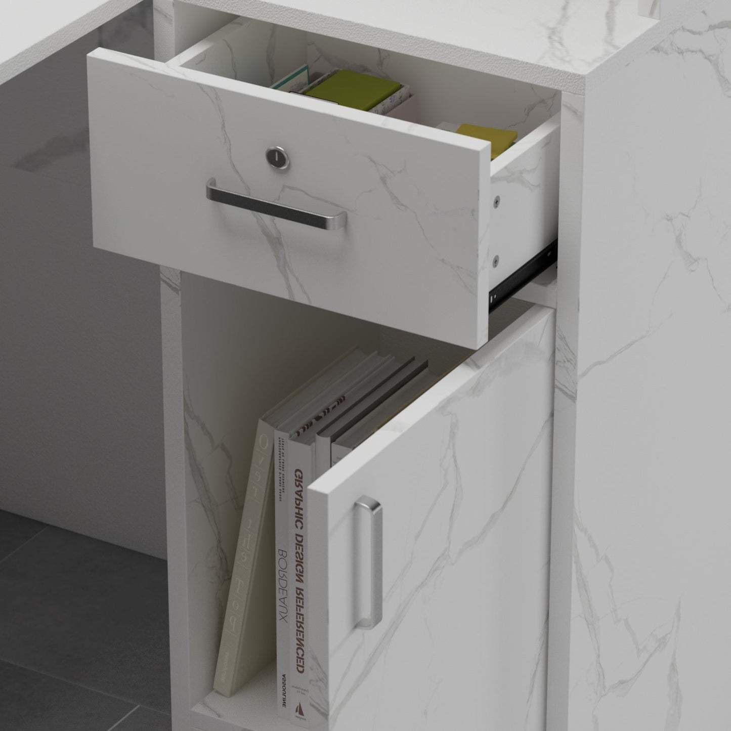 Bureau d'accueil en forme de L avec grands classeurs de rangement 