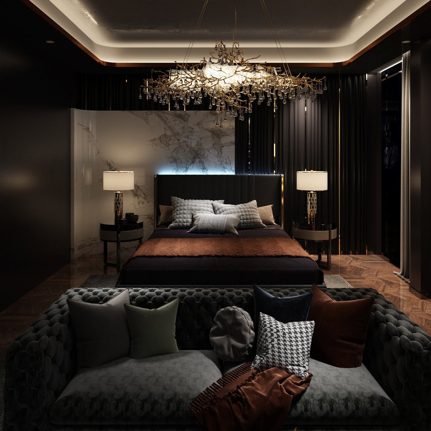 Lit élégant avec cadre durable et tête de lit confortable