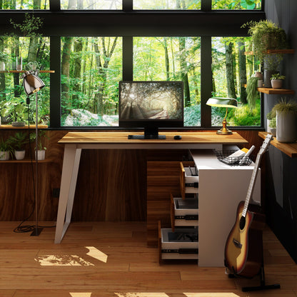 Bureau d'angle en forme de L avec tiroirs, finition bois brun.