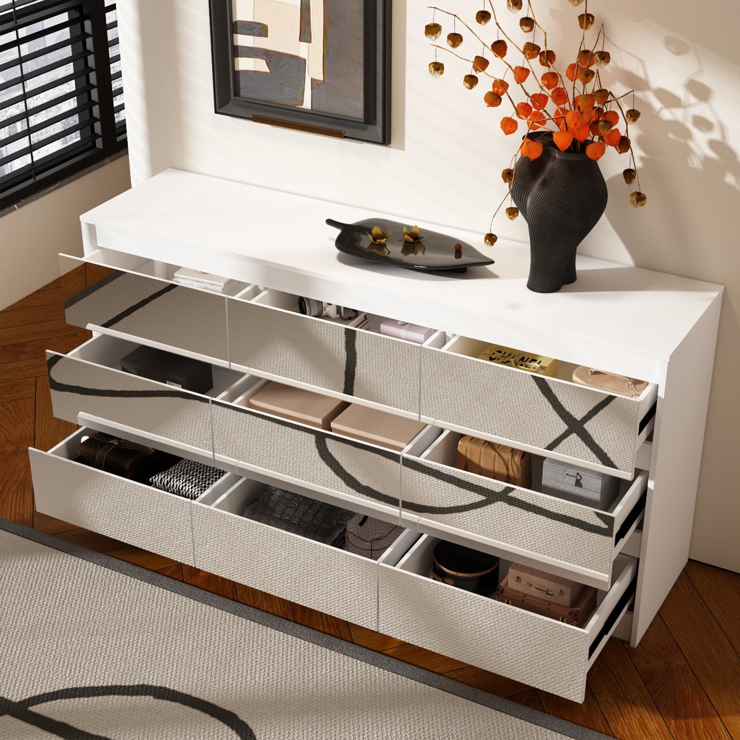 Buffet large à trois tiroirs avec rangement et 9 tiroirs