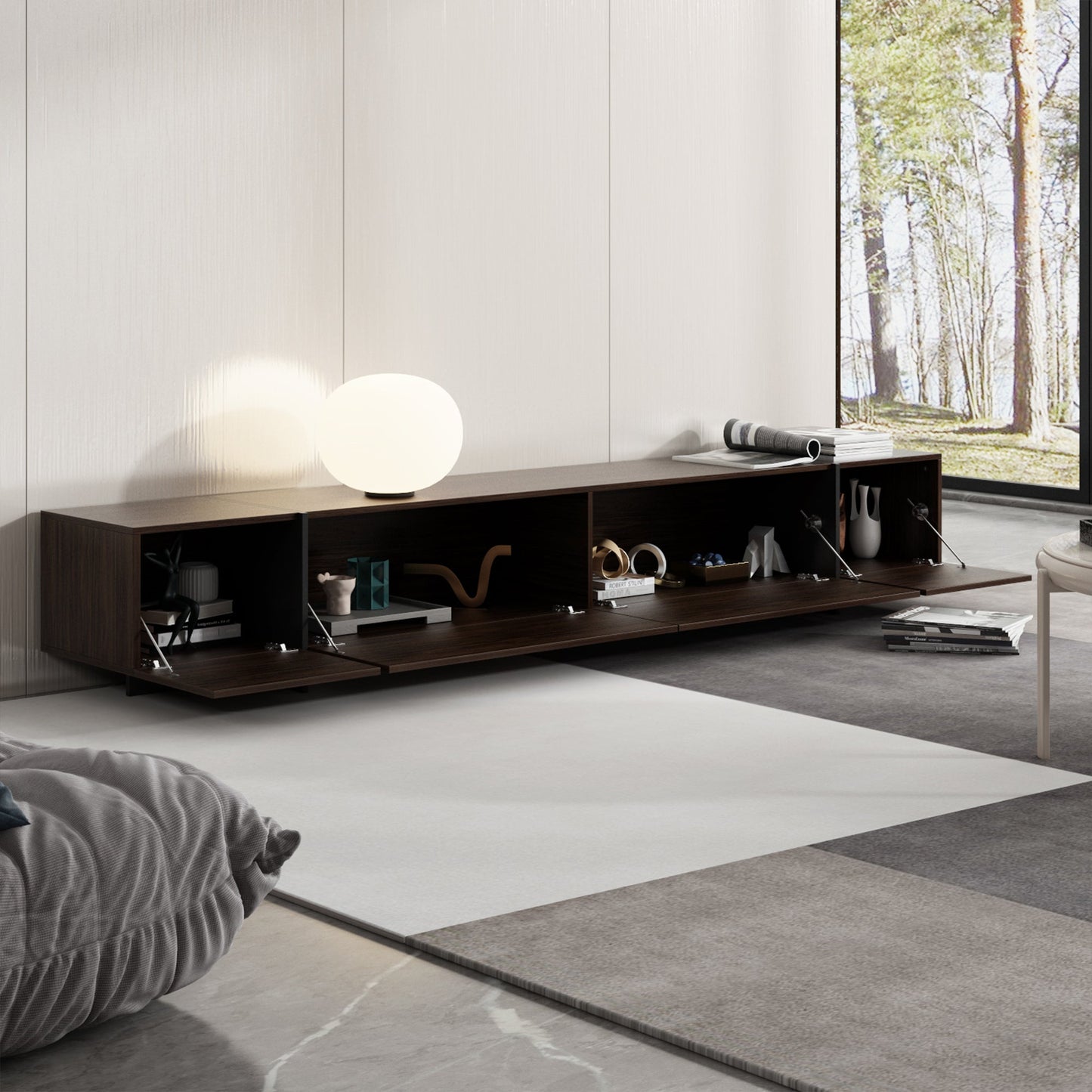 Meuble TV quatre portes à effet bois avec portes abattantes - 95,7 po (largeur)