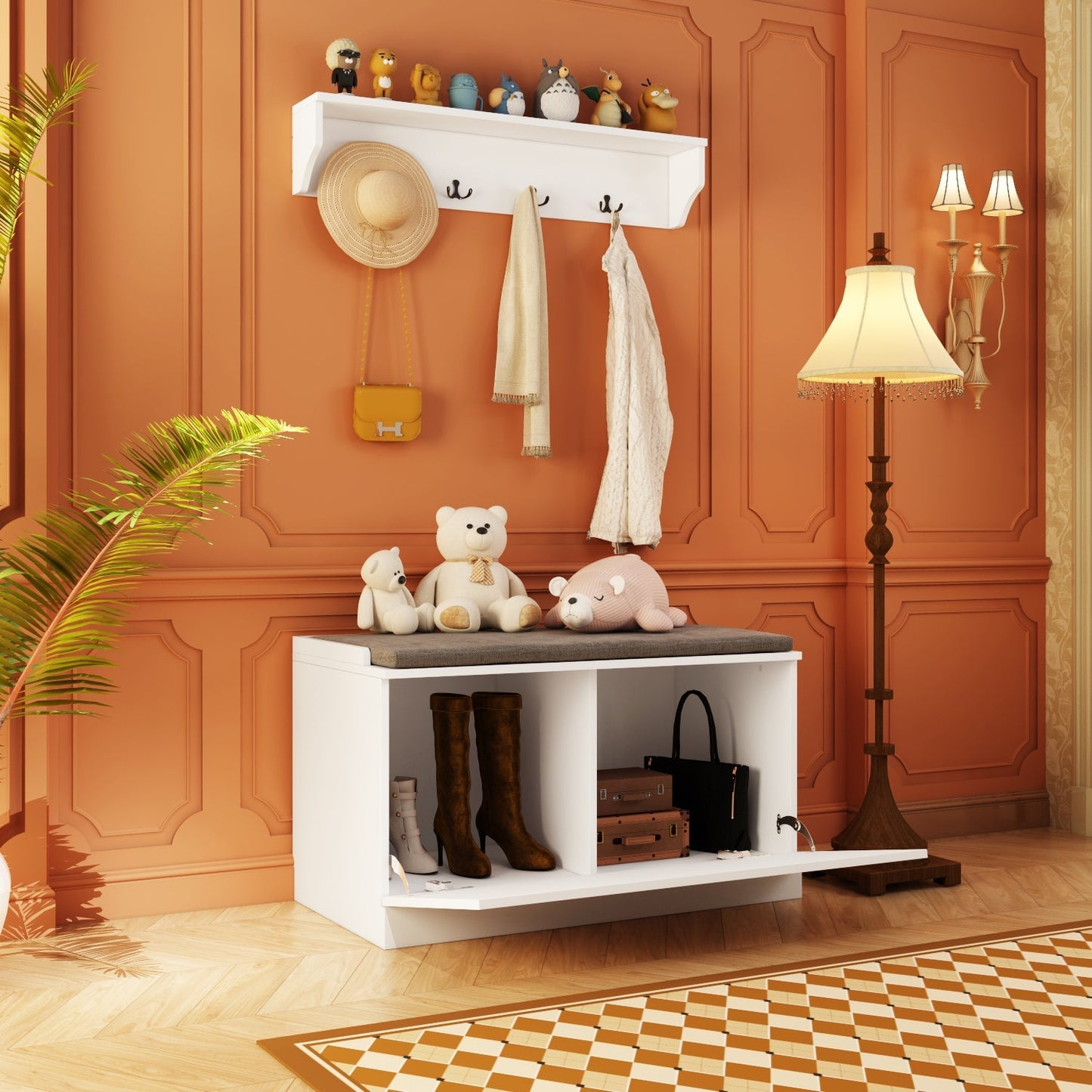 Meuble d'entrée avec étagère, rangement à chaussures et armoire à manteaux.