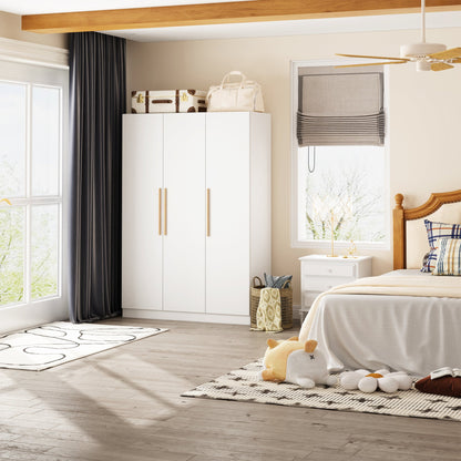 Armoire avec poignée en bois massif, grand meuble à 3 portes pour chambre à coucher