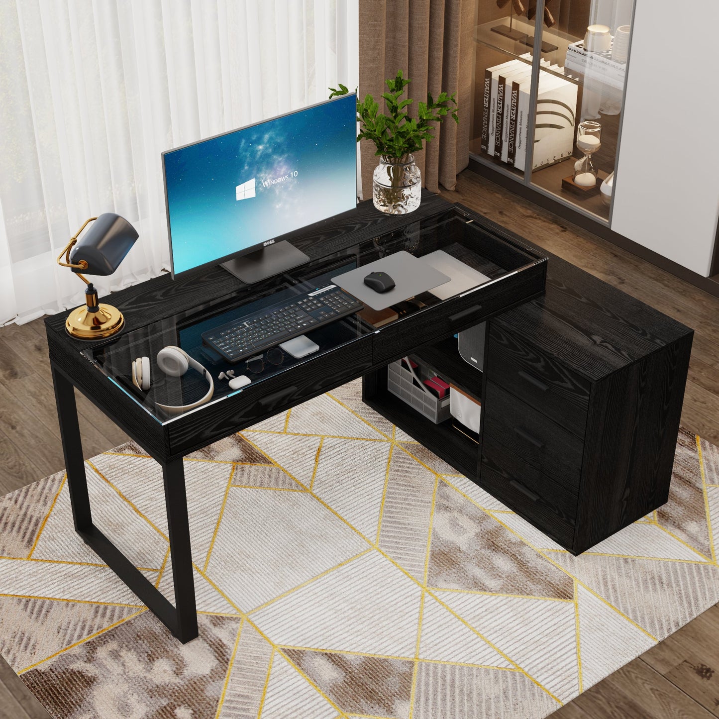 Bureau d'ordinateur à 5 tiroirs de 149 cm de large avec plateau en verre