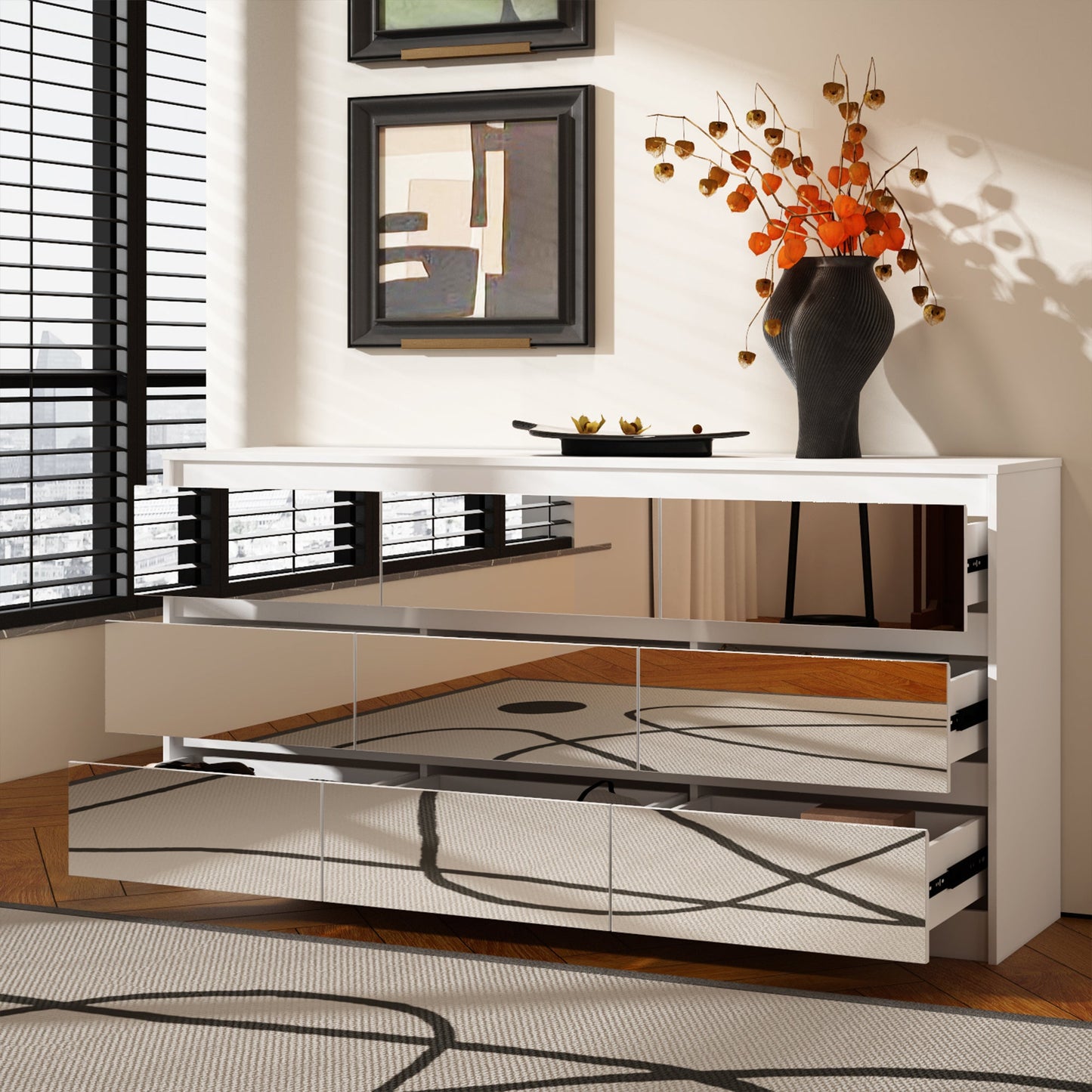 Buffet large à trois tiroirs avec rangement et 9 tiroirs