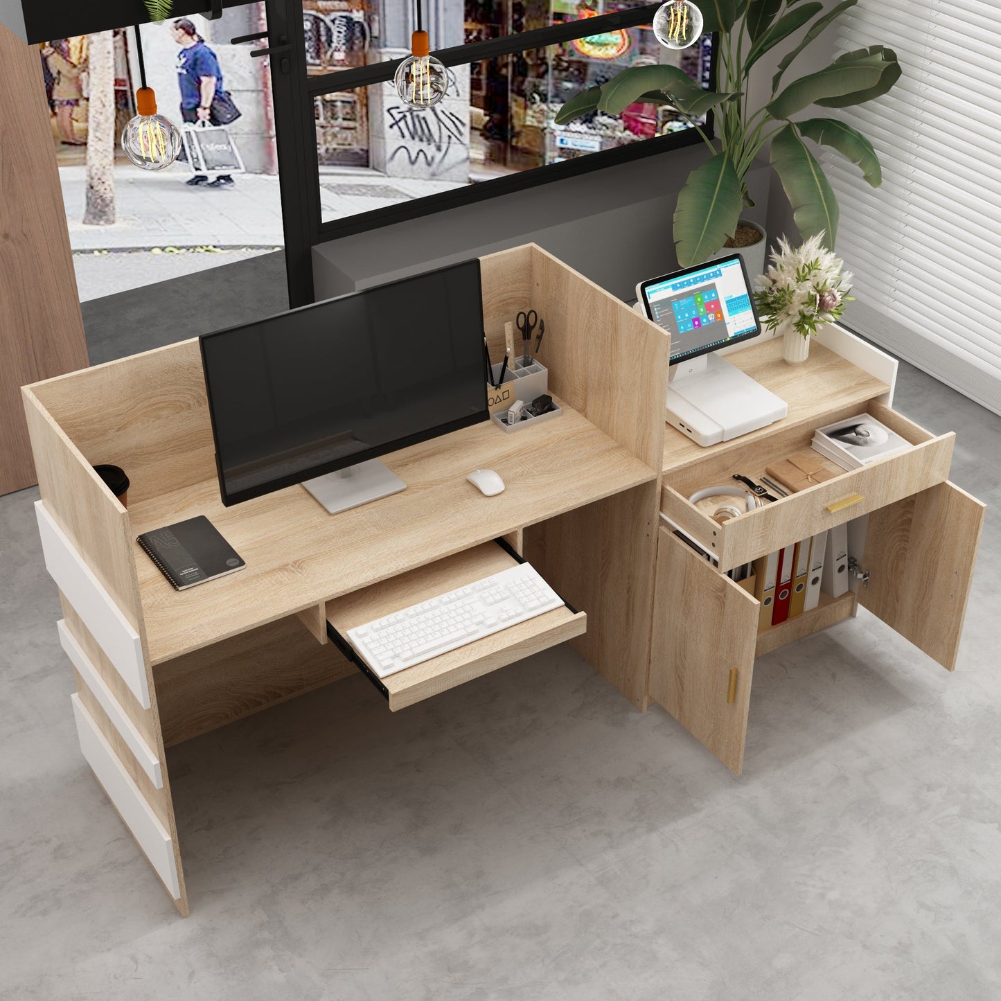 Bureau d'accueil rectangulaire de 87,2 po de largeur avec tiroir et plateau pour clavier