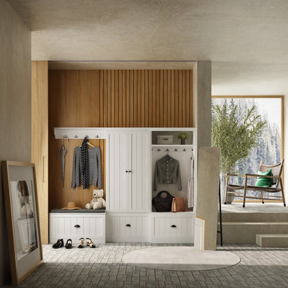 Meuble d'entrée avec étagère, rangement à chaussures et armoire à manteaux.