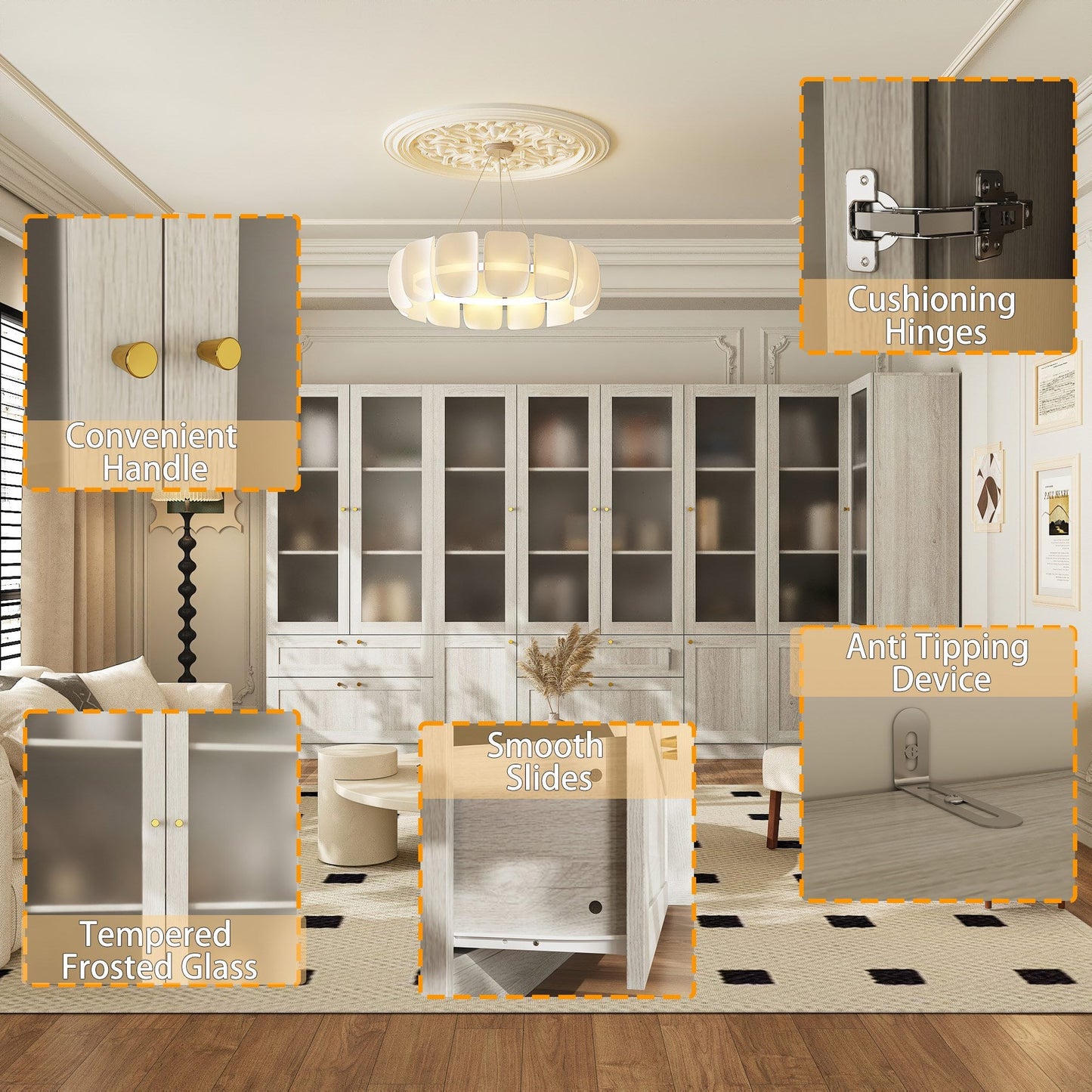 Bibliothèque modulaire à 4 tiroirs avec portes en verre dépoli, 71 po H x 126 po L