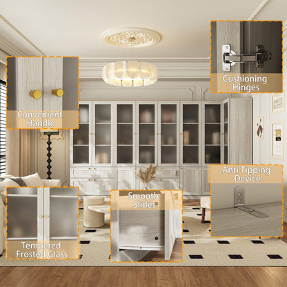 Bibliothèque modulaire à 4 tiroirs avec portes en verre dépoli, 71 po H x 126 po L