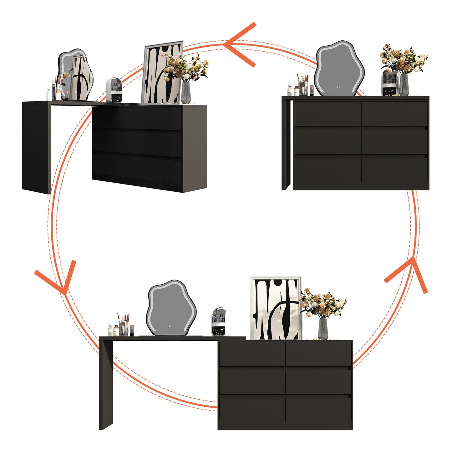 Table de travail pivotante en forme de L avec 6 tiroirs