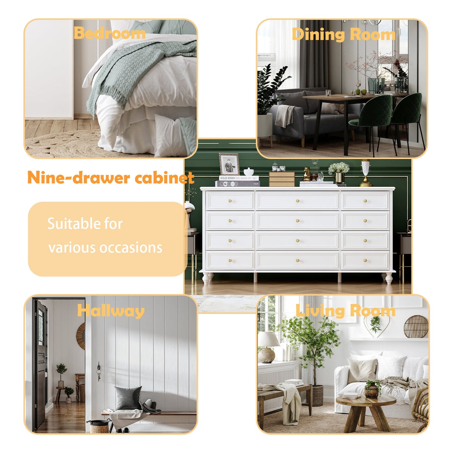 Commode à 12 tiroirs, commode triple, console large