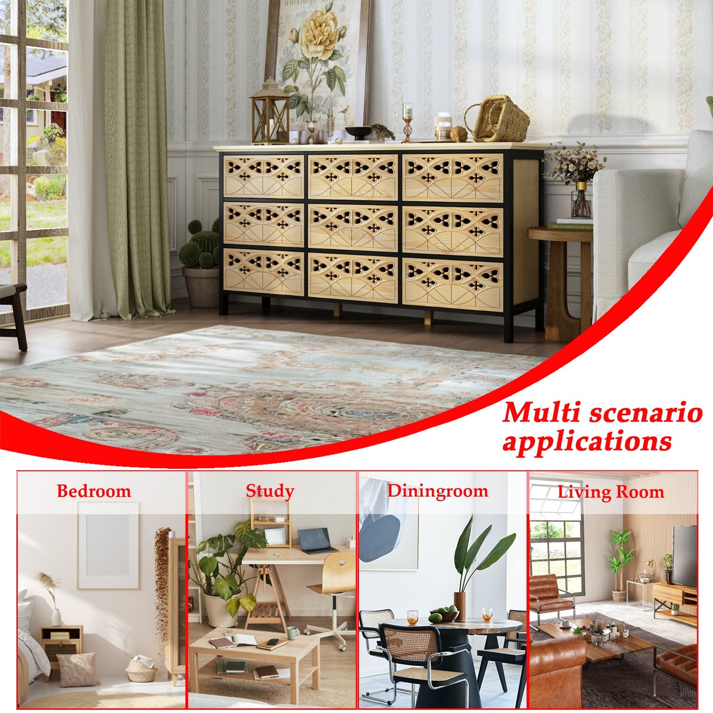 Commode à neuf tiroirs sculptée et ajourée d'une finesse exquise. L'élégance alliée à la fonctionnalité.