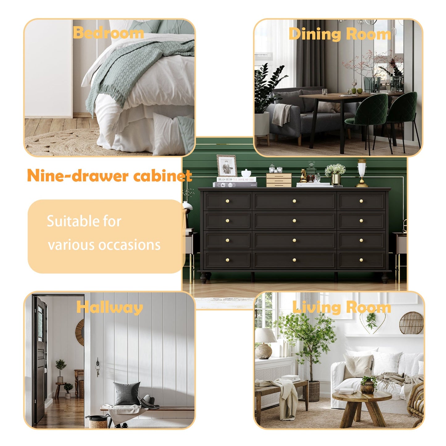 Commode à 12 tiroirs, commode triple, console large