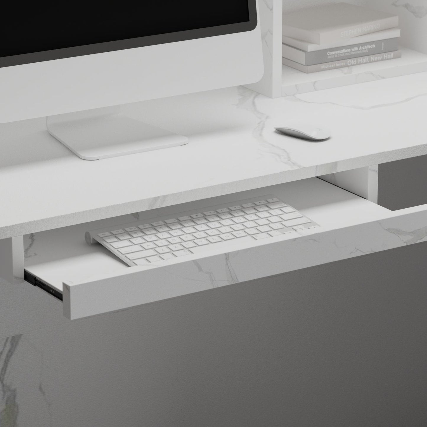 Bureau d'accueil en forme de L avec grands classeurs de rangement 