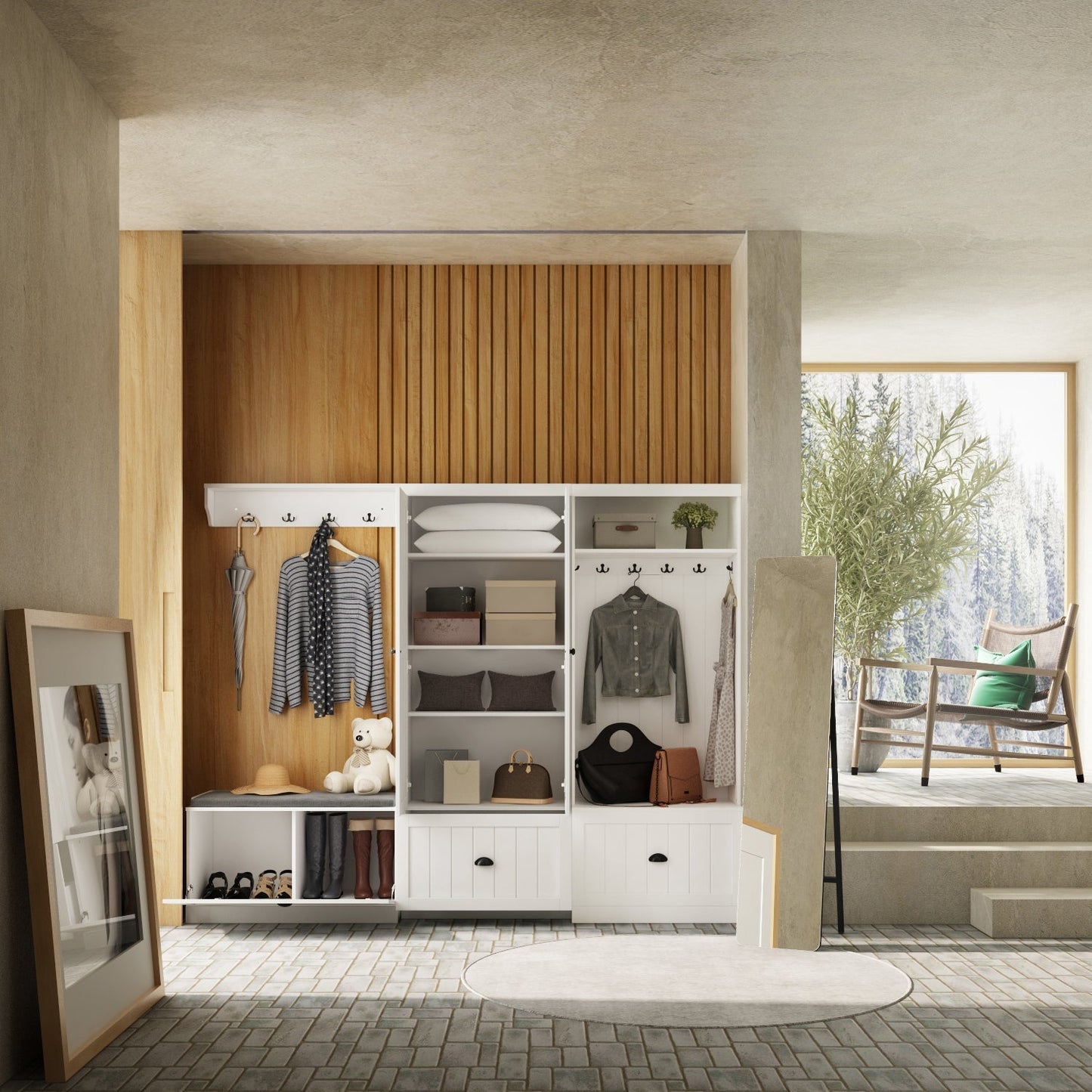 Meuble d'entrée avec étagère, rangement à chaussures et armoire à manteaux.