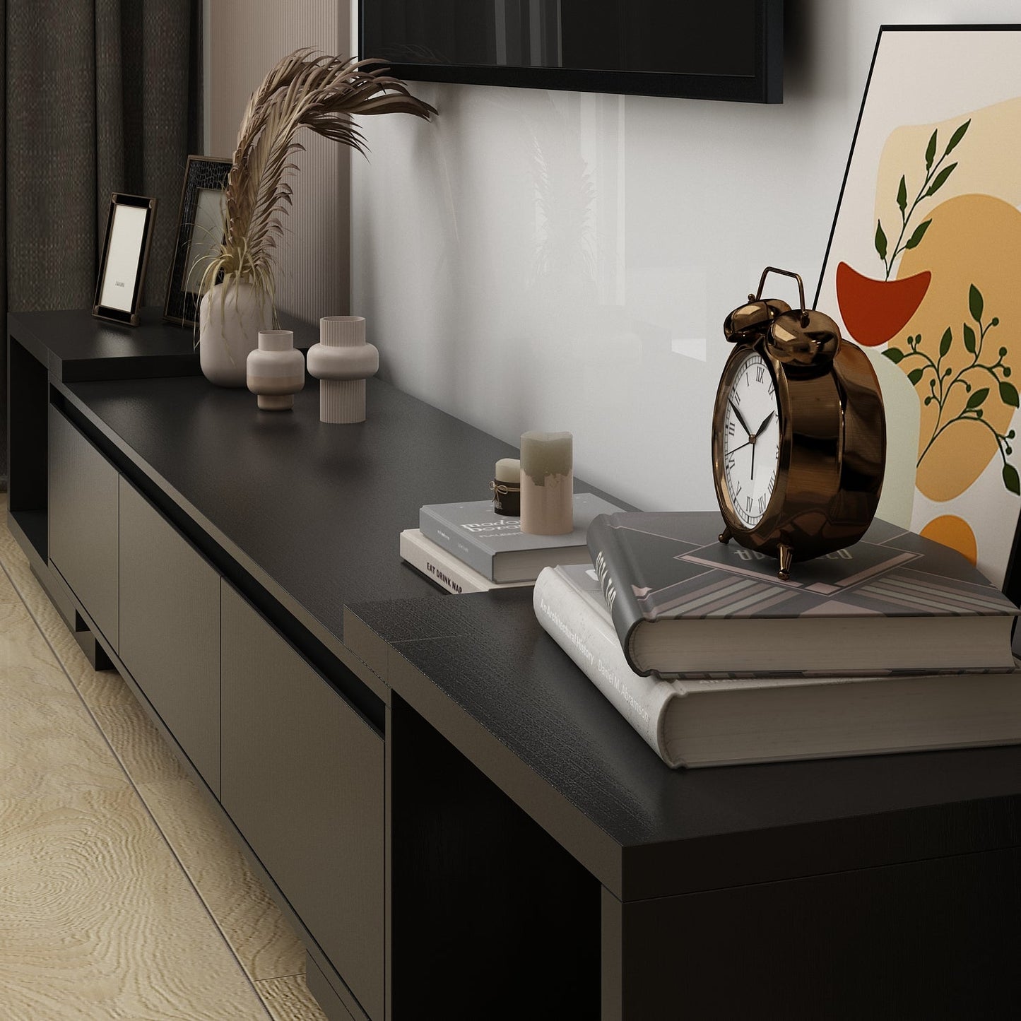 Meuble TV large, meuble multimédia, meuble TV à largeur réglable pour salon