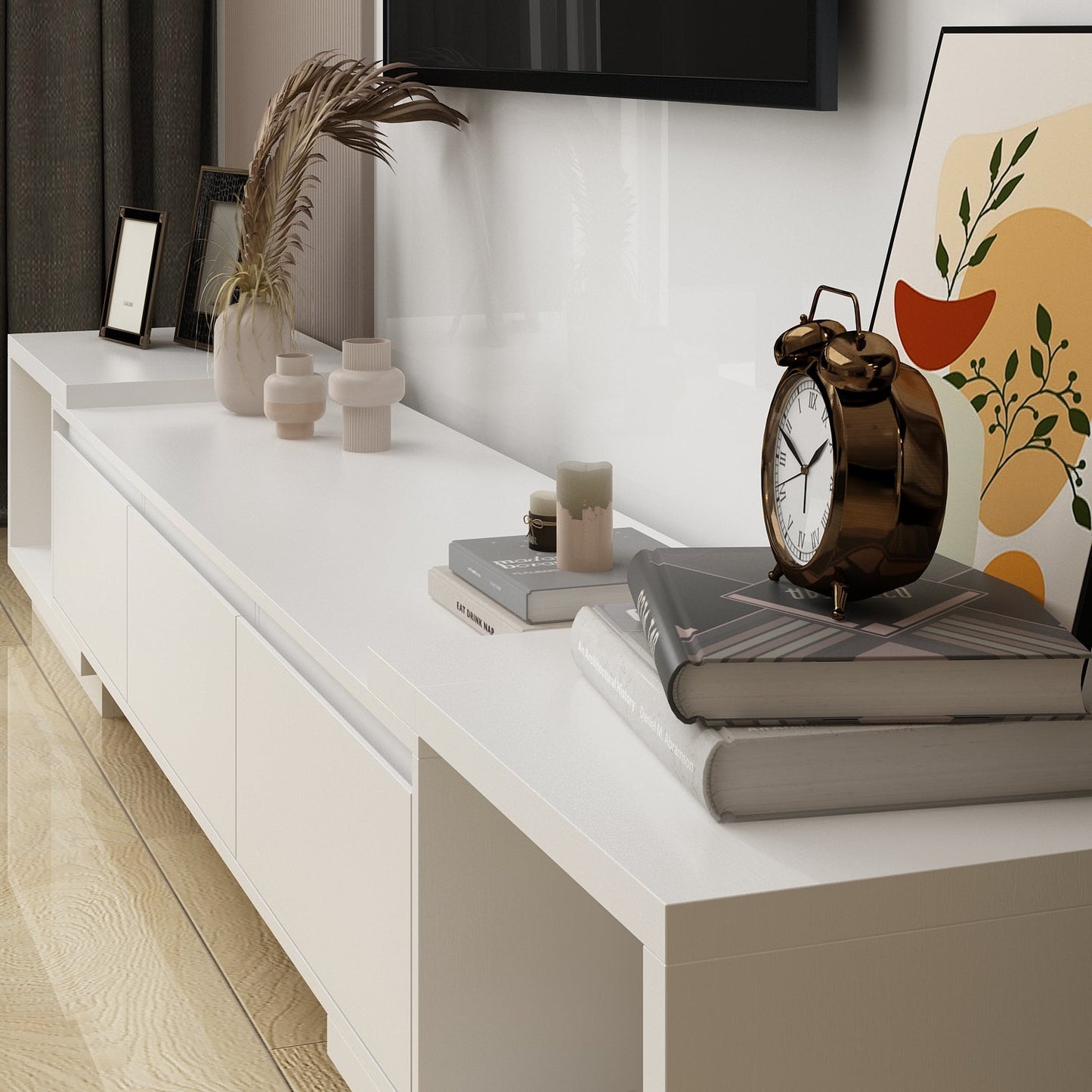 Meuble TV large, meuble multimédia, meuble TV à largeur réglable pour salon