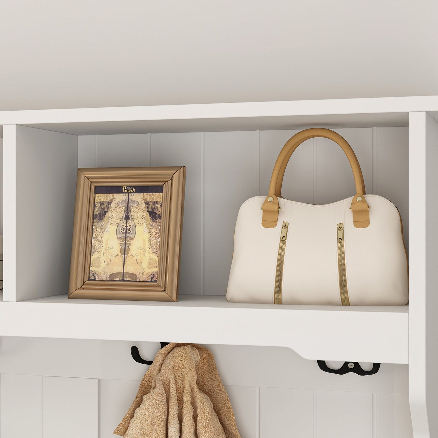 Meuble d'entrée moderne 4 en 1 avec banc de rangement, porte-manteau, étagères et tiroirs pour entrée ou salon