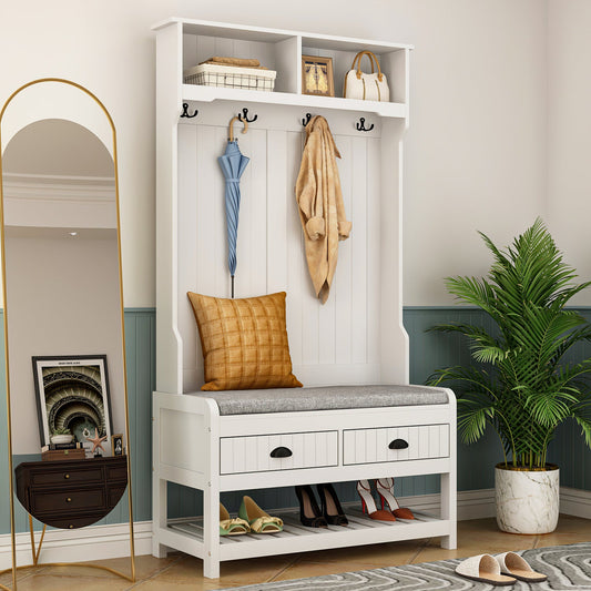 Meuble d'entrée moderne 4 en 1 avec banc de rangement, porte-manteau, étagères et tiroirs pour entrée ou salon