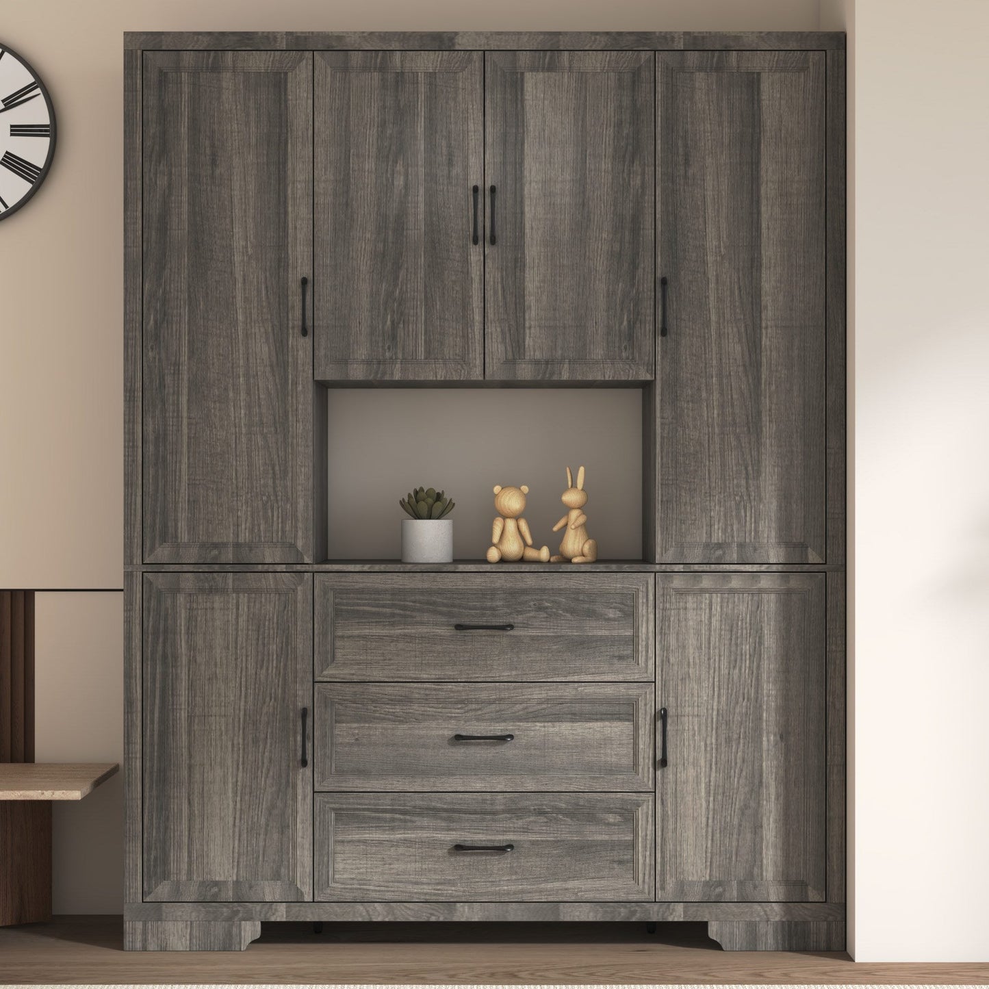 Meuble de rangement modulaire élégant : design épuré et combinaison de compartiments ouverts et fermés.