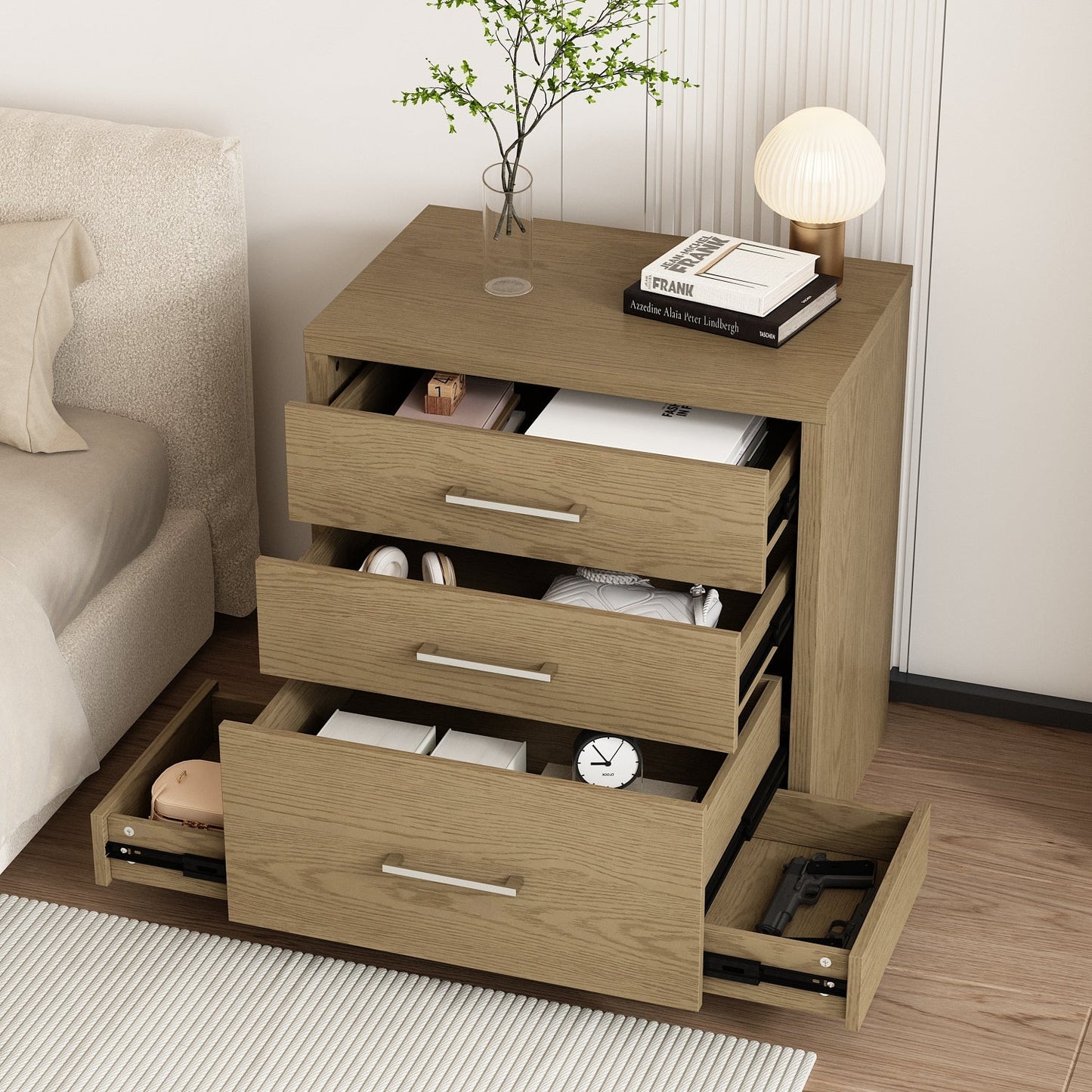 Table de chevet à 3 tiroirs avec compartiment caché