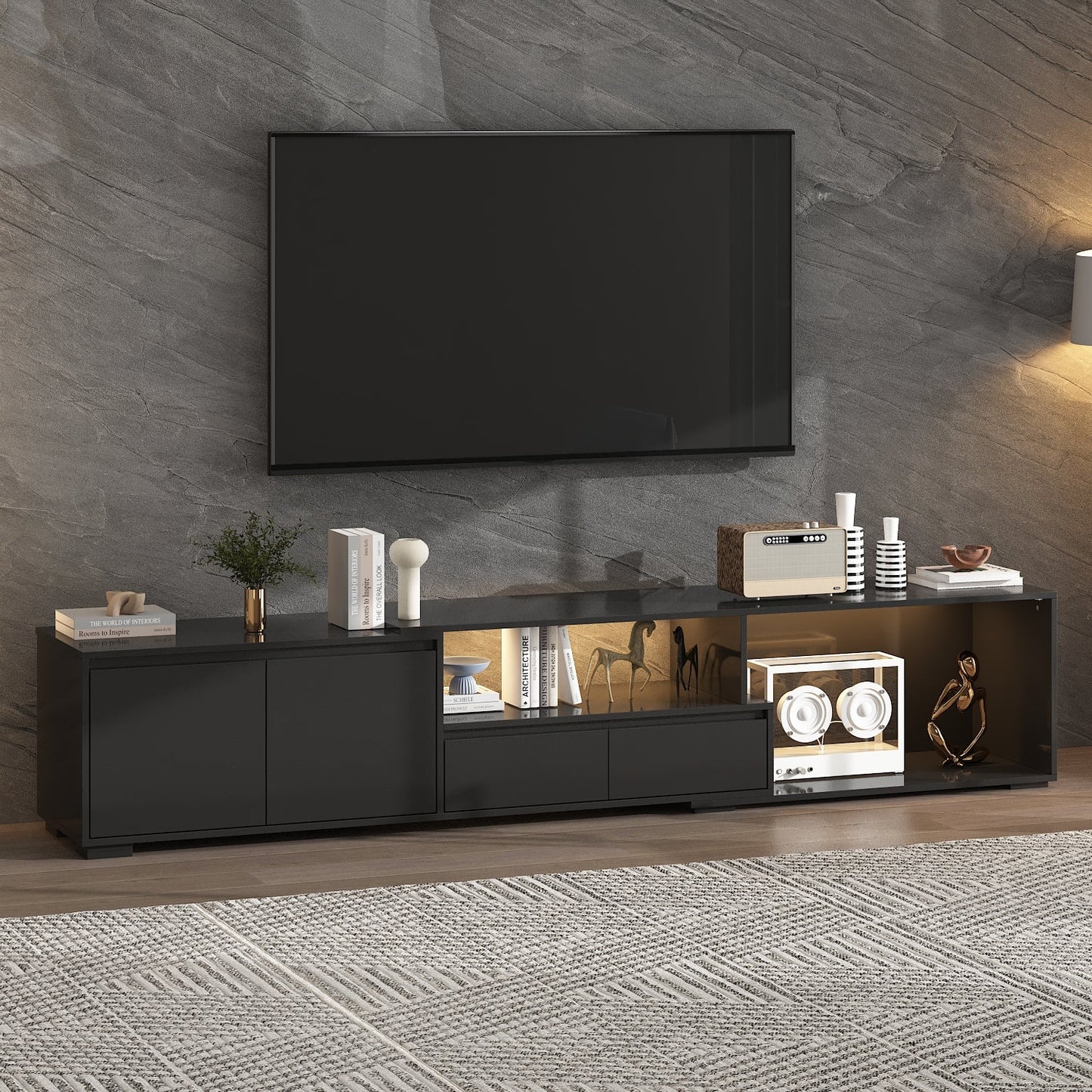 Meuble TV extensible moderne avec longueur réglable et éclairage LED – Console multimédia élégante pour le salon