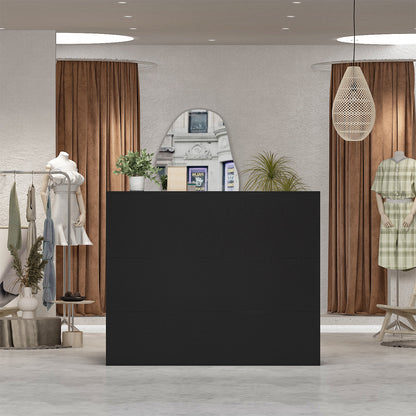 Bureau d'accueil en forme de L avec grands classeurs de rangement 