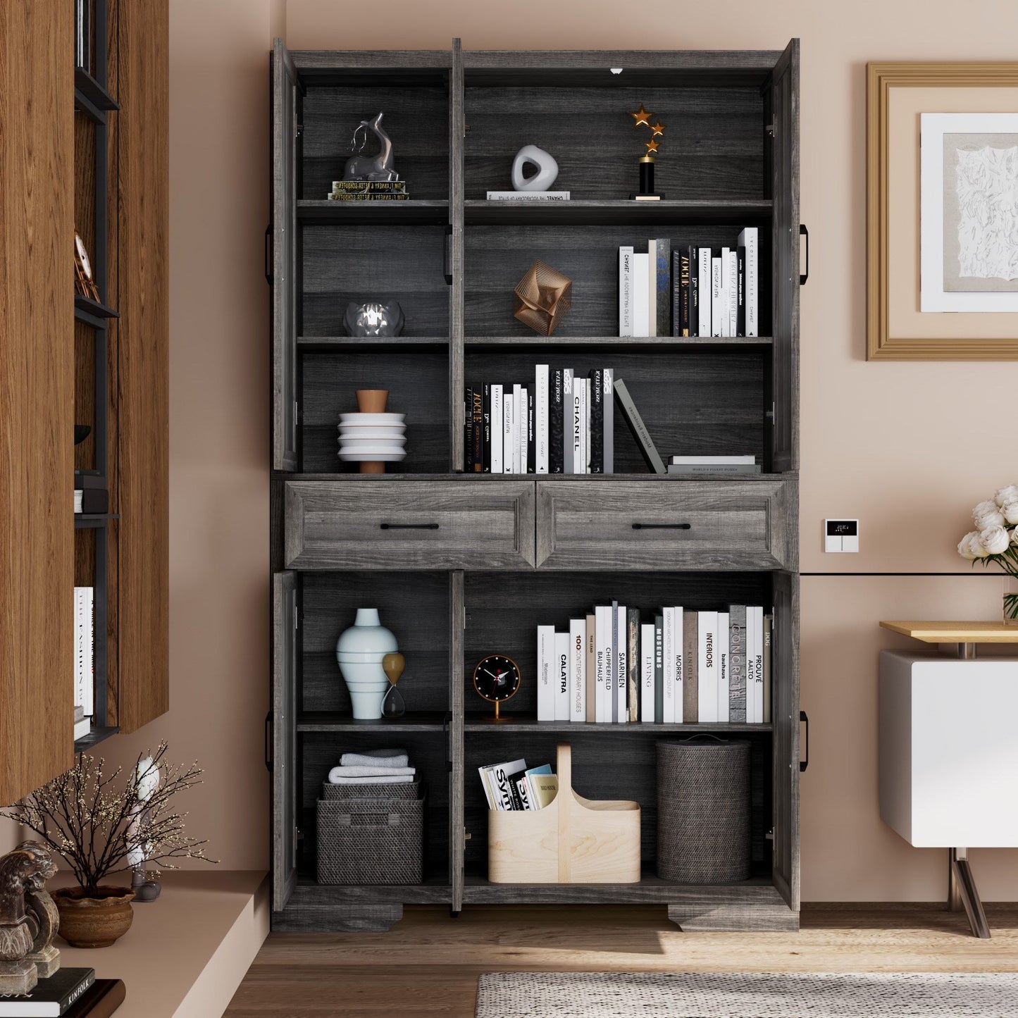 Meuble de rangement modulaire élégant : design épuré et combinaison de compartiments ouverts et fermés.