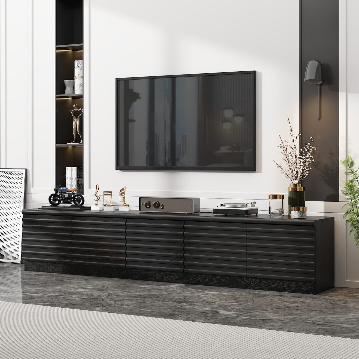 Meuble TV/console multimédia à 3 tiroirs et 2 placards, 78,5 po de largeur