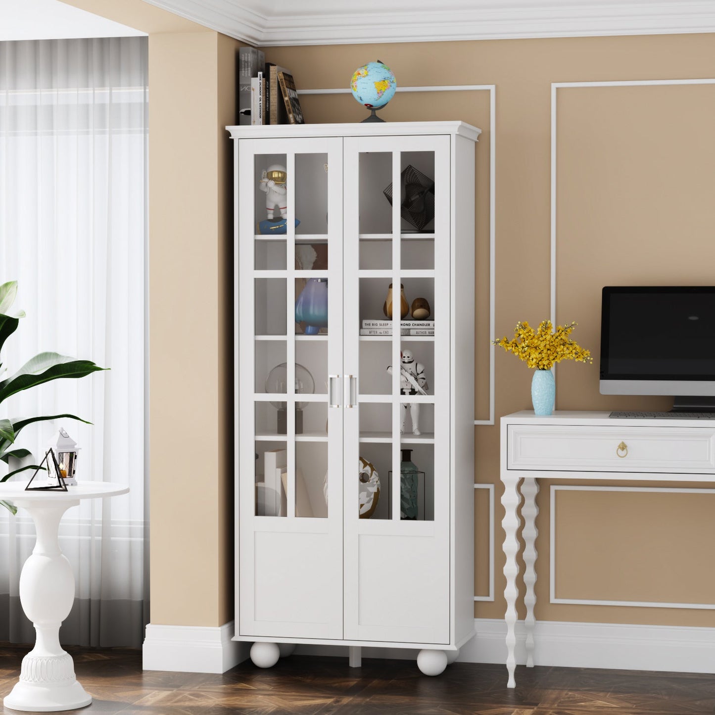 Armoire de rangement avec portes vitrées et étagères réglables 