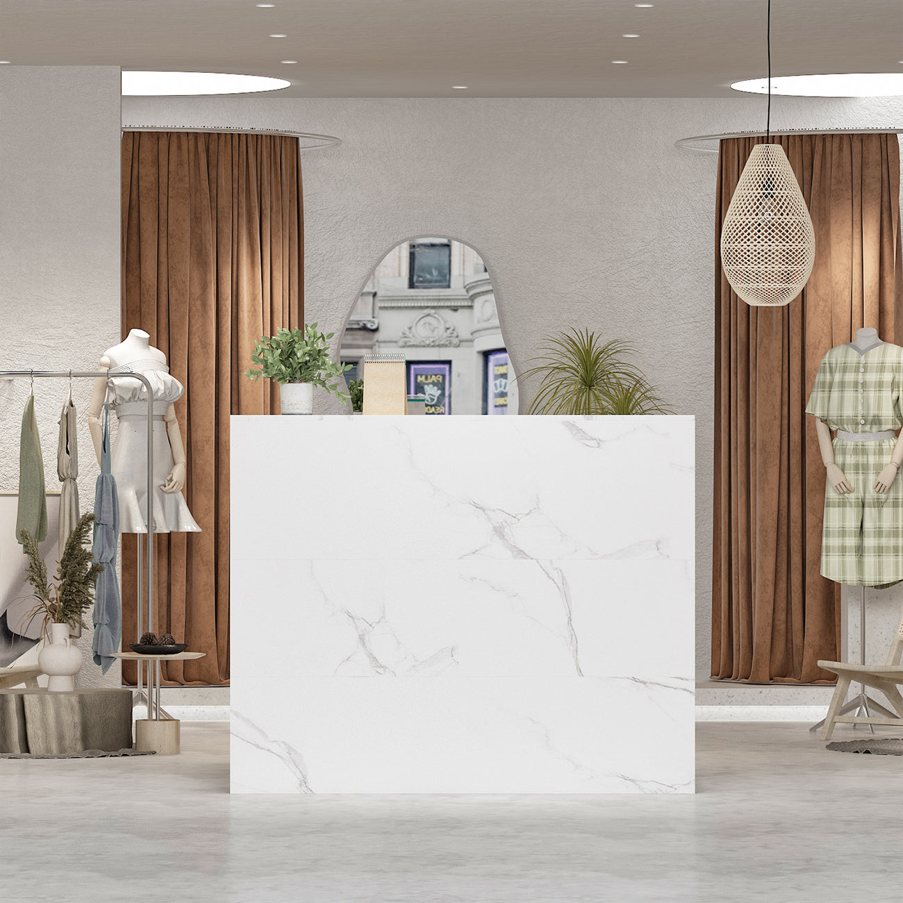 Bureau d'accueil en forme de L avec grands classeurs de rangement 