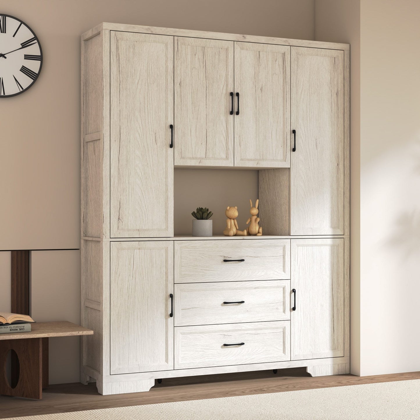 Meuble de rangement modulaire élégant : design épuré et combinaison de compartiments ouverts et fermés.