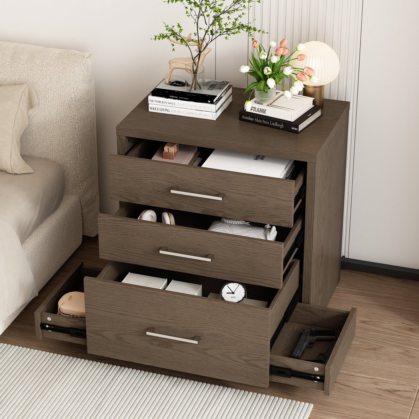 Table de chevet à 3 tiroirs avec compartiment caché