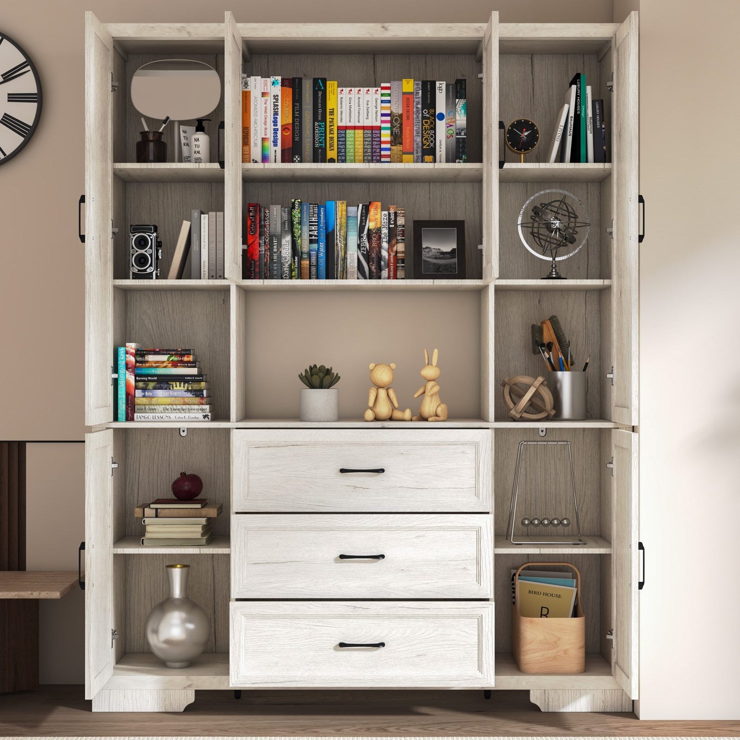 Meuble de rangement modulaire élégant : design épuré et combinaison de compartiments ouverts et fermés.