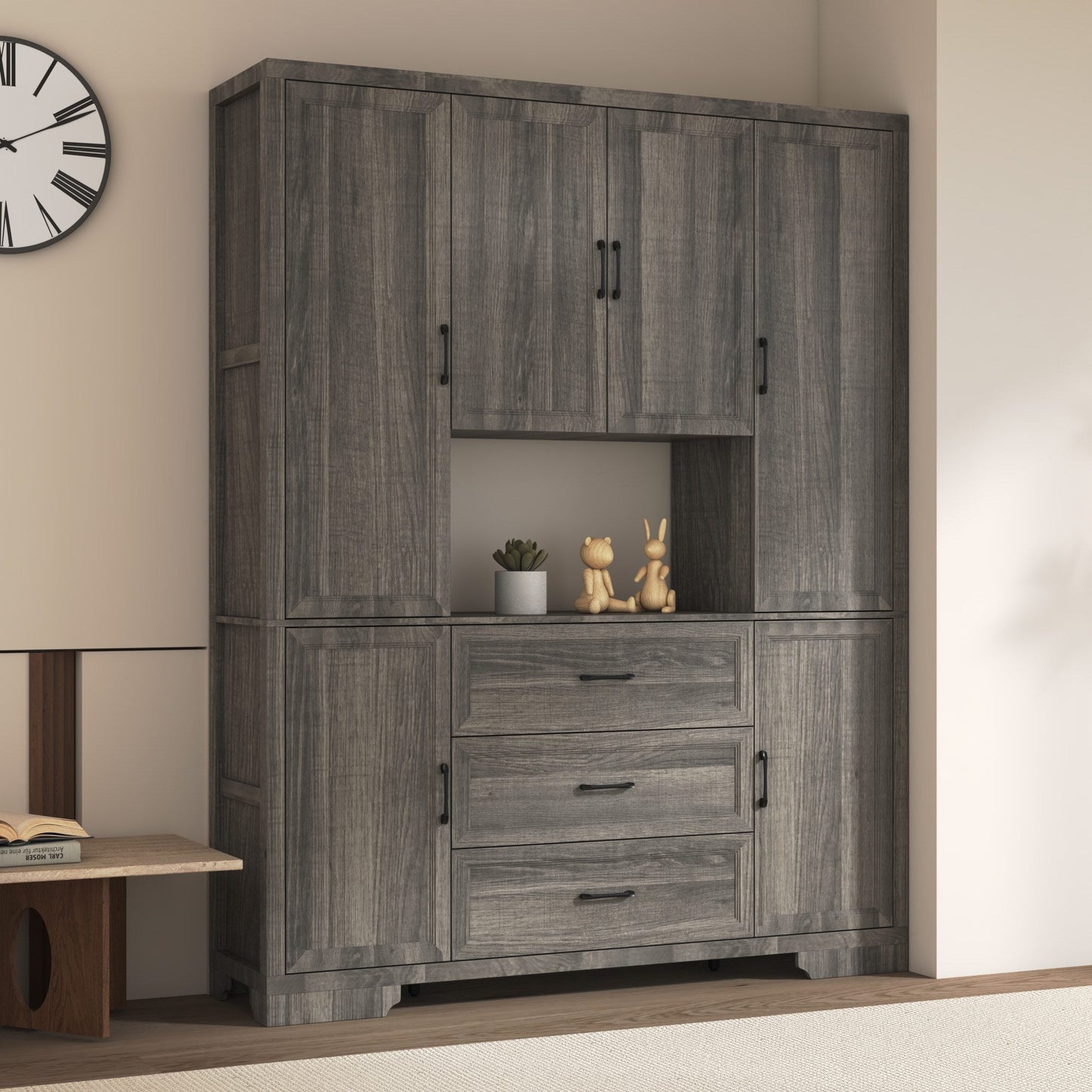 Meuble de rangement modulaire élégant : design épuré et combinaison de compartiments ouverts et fermés.