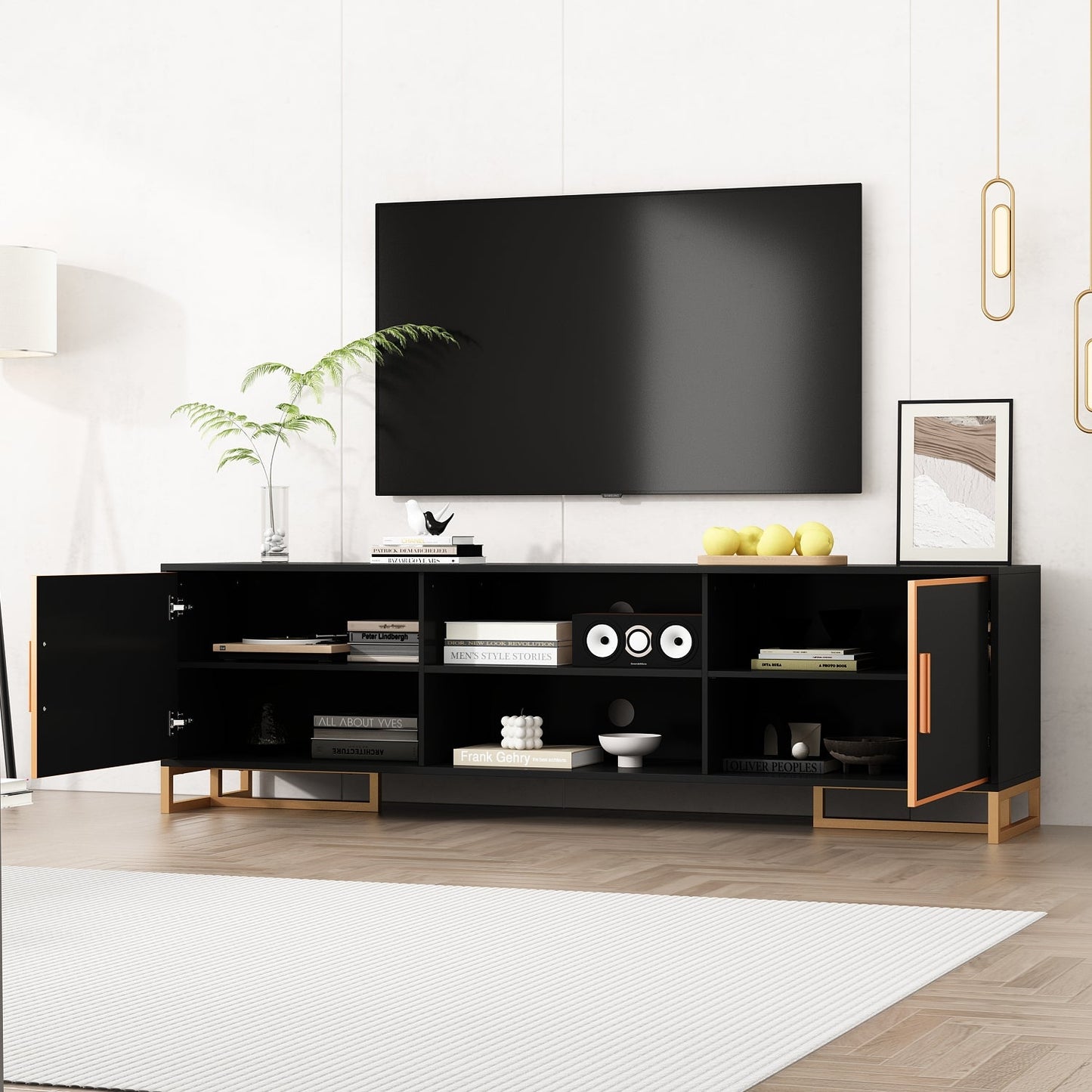 Meuble TV et centre multimédia à 2 portes de 70,9 pouces de large avec 2 étagères ouvertes