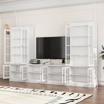 Meuble TV de 125 pouces de large avec armoires de rangement et portes vitrées