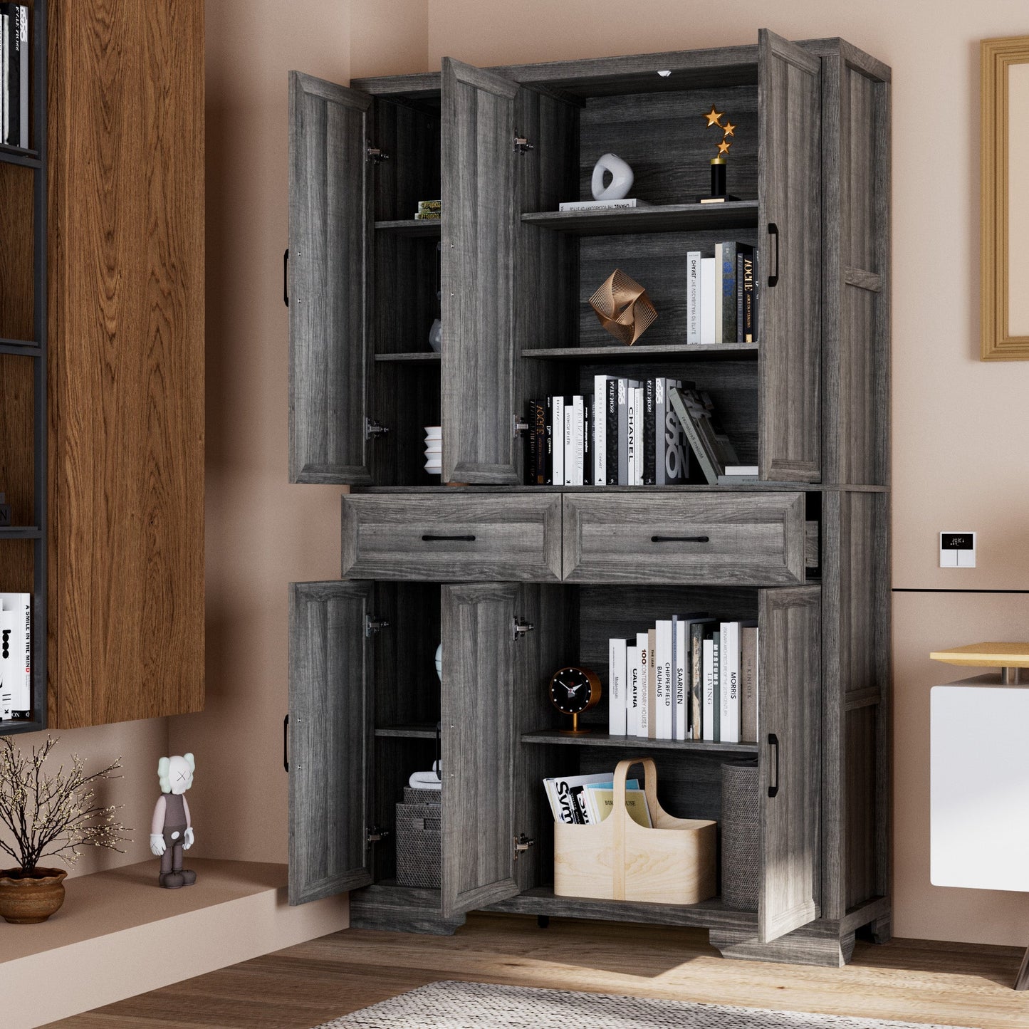 Meuble de rangement modulaire élégant : design épuré et combinaison de compartiments ouverts et fermés.