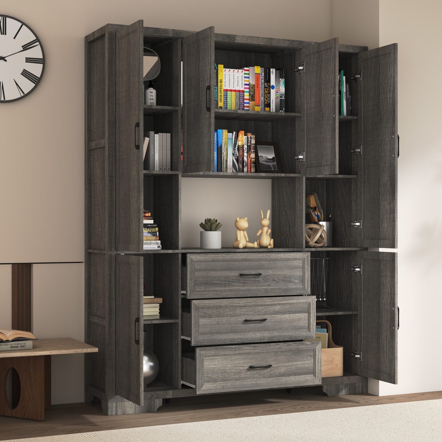 Meuble de rangement modulaire élégant : design épuré et combinaison de compartiments ouverts et fermés.