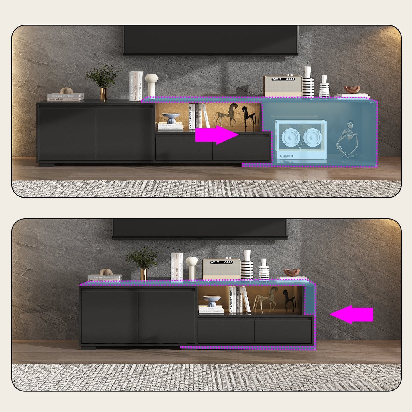 Meuble TV extensible moderne avec longueur réglable et éclairage LED – Console multimédia élégante pour le salon