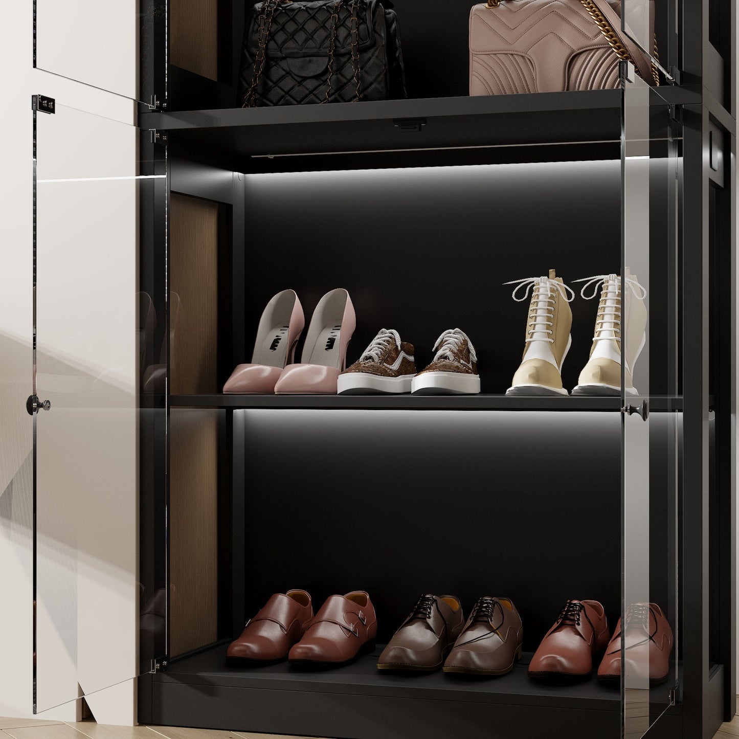 Vitrine noire à 2 portes en verre trempé pour chaussures et sacs