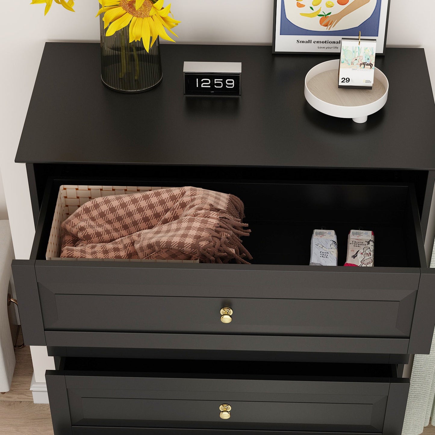 Meuble de présentation vertical moderne en bois noir à 5 tiroirs