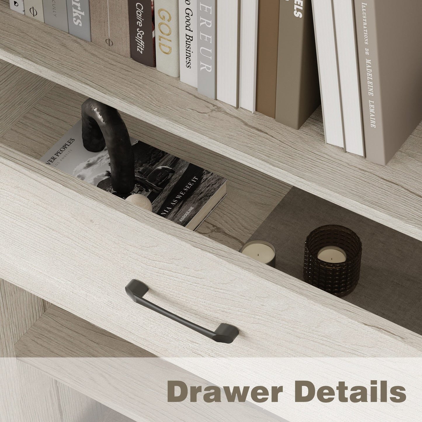 Meuble de rangement modulaire élégant : design épuré et combinaison de compartiments ouverts et fermés.