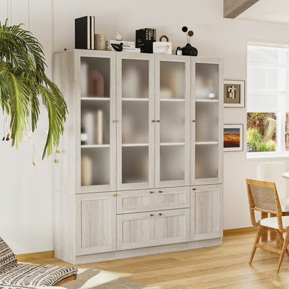 Bibliothèque modulaire à 4 tiroirs avec portes en verre dépoli, 71 po H x 126 po L