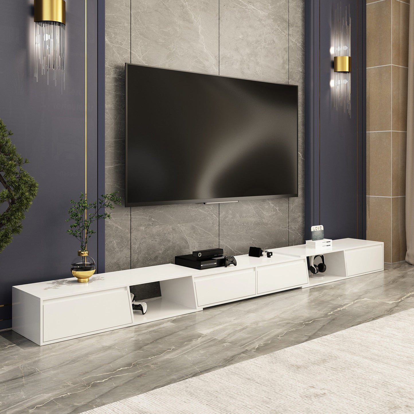 Console multimédia à 4 tiroirs de 94,5 pouces de large