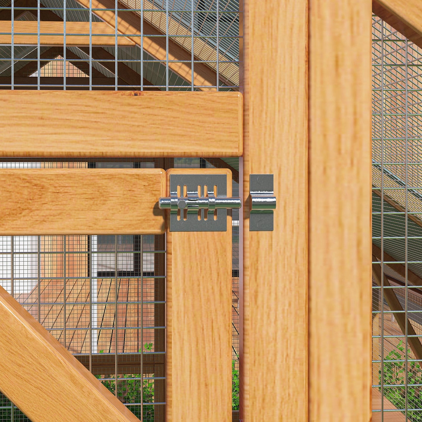 Grand enclos extérieur en bois pour chats, comprenant des niches, des ponts et des allées.