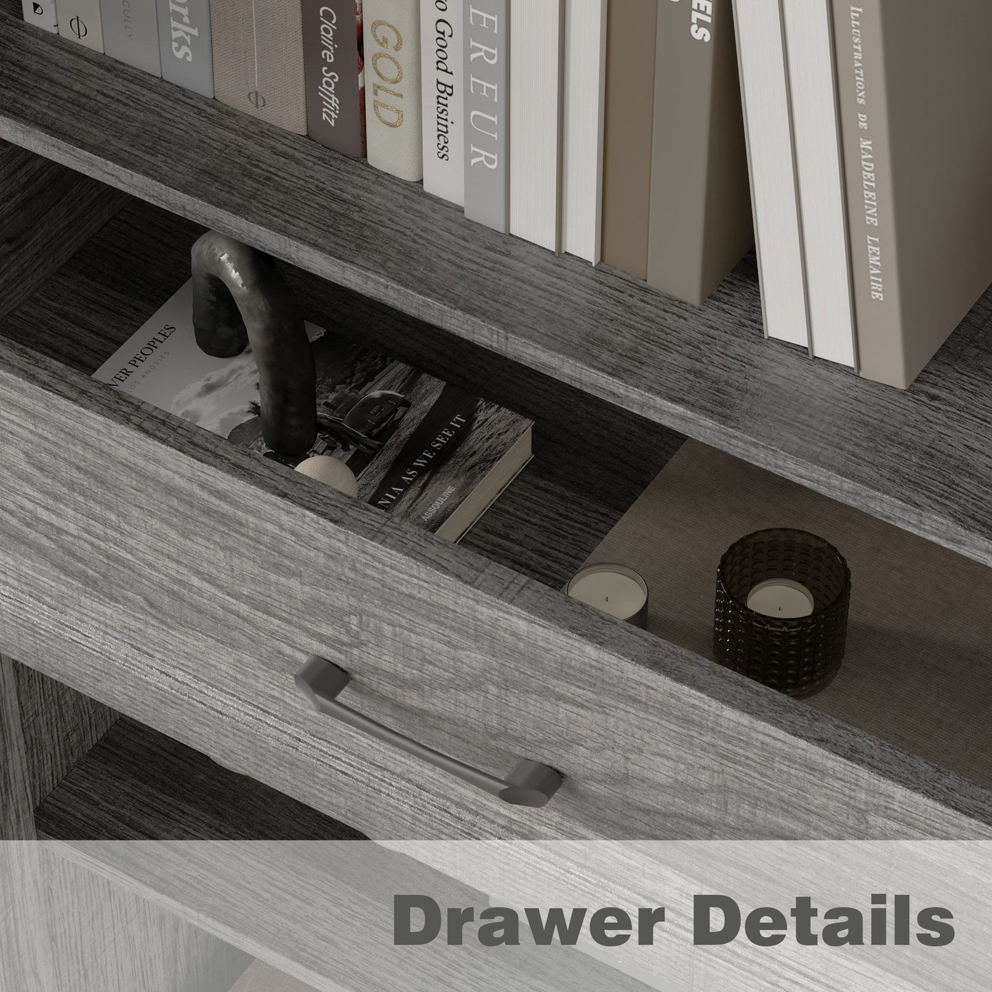 Meuble de rangement modulaire élégant : design épuré et combinaison de compartiments ouverts et fermés.